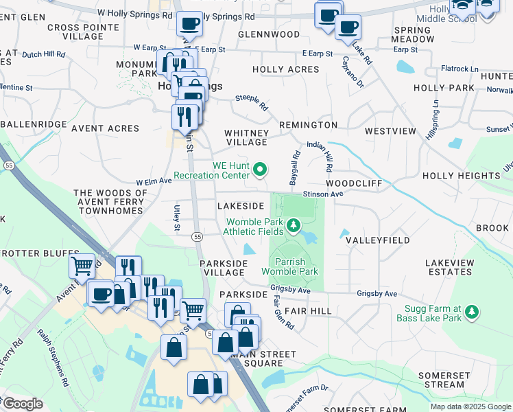 map of restaurants, bars, coffee shops, grocery stores, and more near 229 Springside Drive in Holly Springs