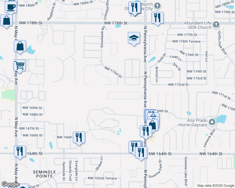 map of restaurants, bars, coffee shops, grocery stores, and more near 17300 Grey Hawk Lane in Edmond