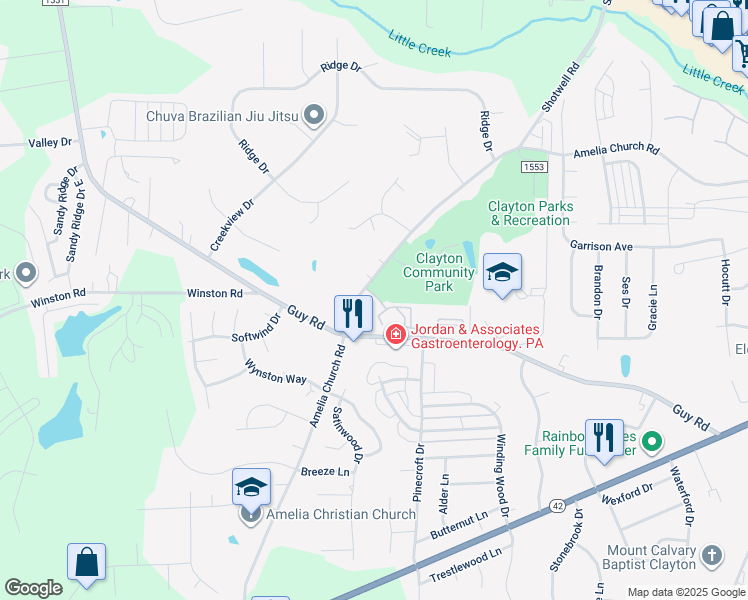 map of restaurants, bars, coffee shops, grocery stores, and more near 1828 Parkside Village Drive in Clayton