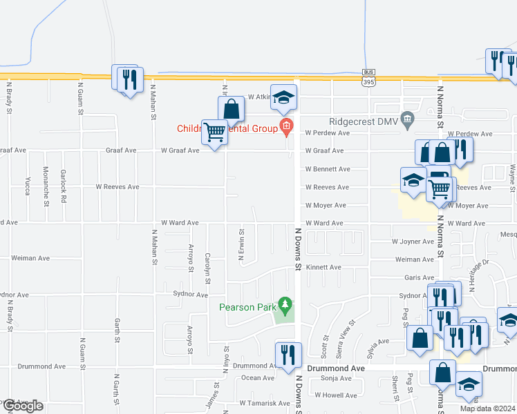map of restaurants, bars, coffee shops, grocery stores, and more near 1300 North El Prado Street in Ridgecrest