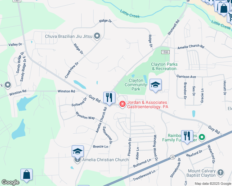map of restaurants, bars, coffee shops, grocery stores, and more near 1838 Parkside Village Drive in Clayton