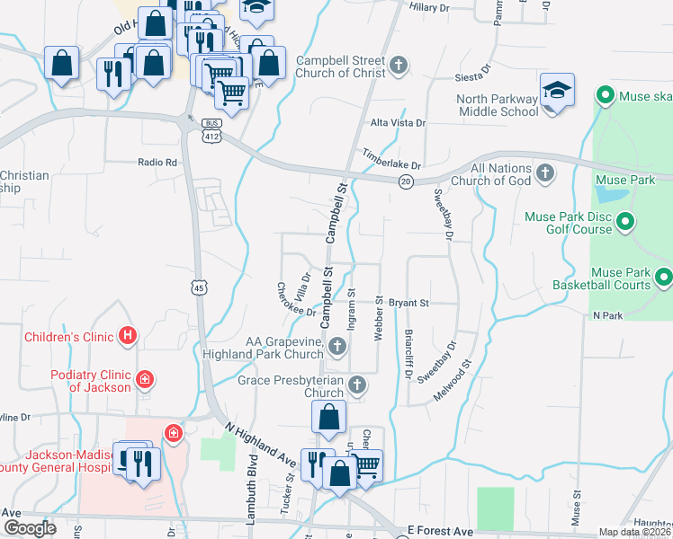 map of restaurants, bars, coffee shops, grocery stores, and more near 1236 Campbell Street in Jackson