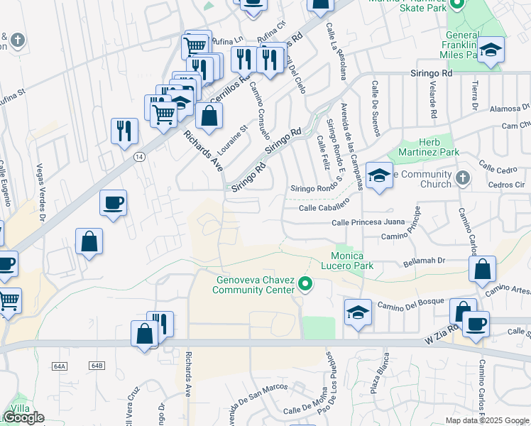 map of restaurants, bars, coffee shops, grocery stores, and more near 3250 Calle Princesa Juana in Santa Fe