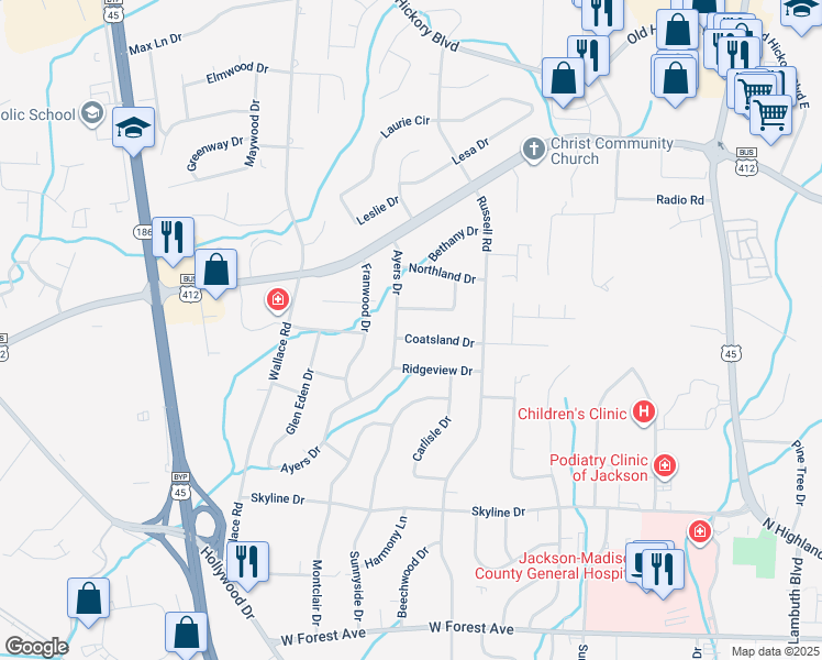 map of restaurants, bars, coffee shops, grocery stores, and more near 15 Coatsland Drive in Jackson