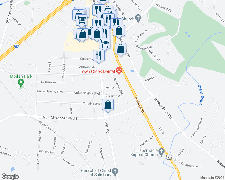 map of restaurants, bars, coffee shops, grocery stores, and more near 215 Ann Street in Salisbury