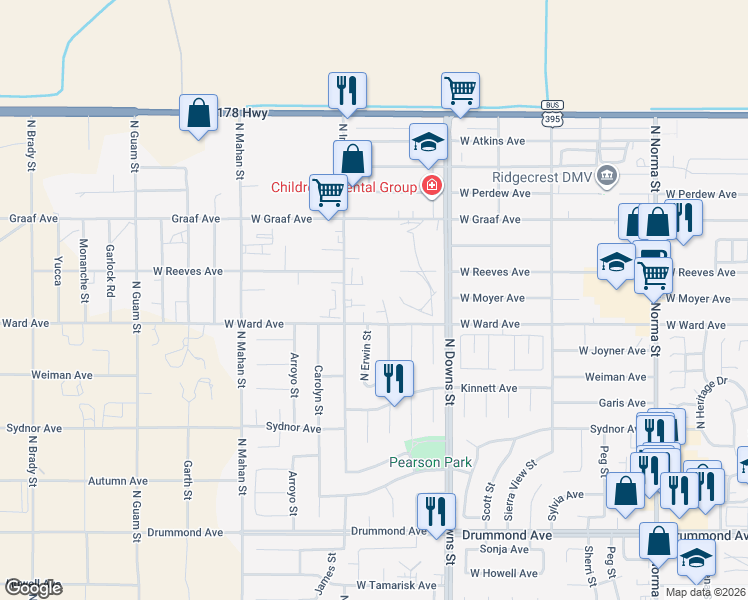 map of restaurants, bars, coffee shops, grocery stores, and more near 1331 North El Prado Street in Ridgecrest