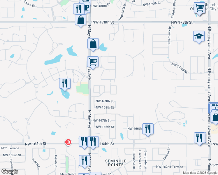 map of restaurants, bars, coffee shops, grocery stores, and more near 2804 Northwest 171st Street in Edmond