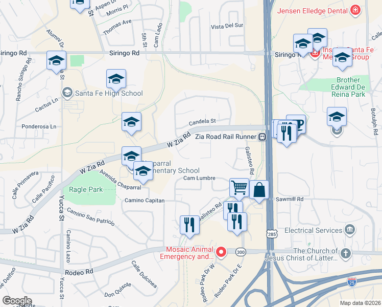 map of restaurants, bars, coffee shops, grocery stores, and more near 1889 Esplendor Street in Santa Fe