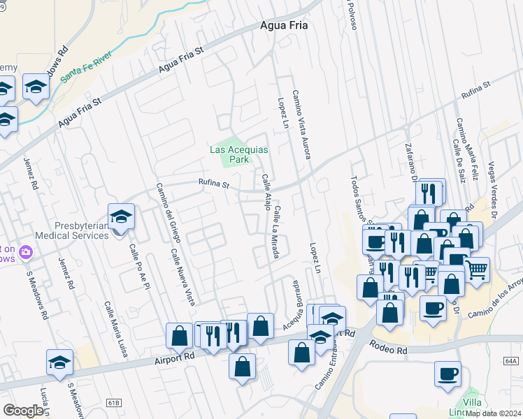 map of restaurants, bars, coffee shops, grocery stores, and more near 1225 Senda Lane in Santa Fe