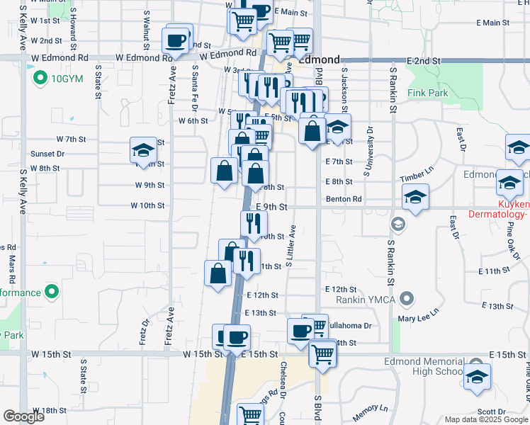map of restaurants, bars, coffee shops, grocery stores, and more near 800 South Broadway in Edmond