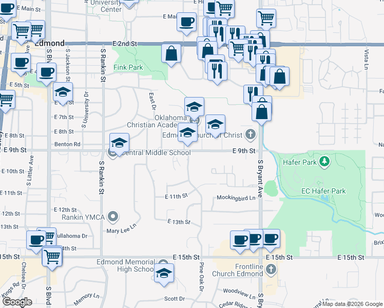 map of restaurants, bars, coffee shops, grocery stores, and more near 1131 East 9th Street in Edmond