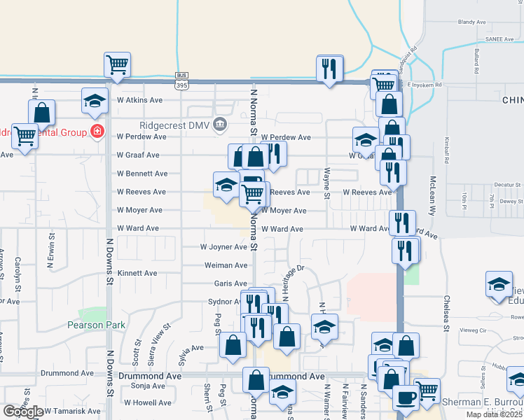 map of restaurants, bars, coffee shops, grocery stores, and more near 431 West Reeves Avenue in Ridgecrest