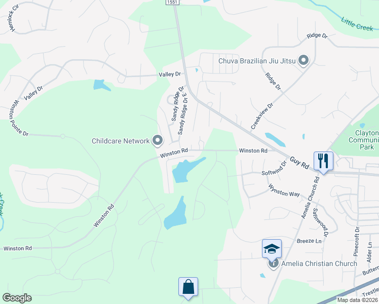 map of restaurants, bars, coffee shops, grocery stores, and more near 2189 Winston Road in Clayton