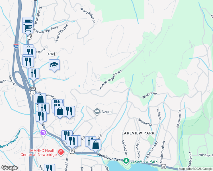 map of restaurants, bars, coffee shops, grocery stores, and more near 9 Ellington Drive in Asheville