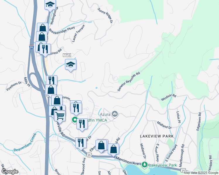 map of restaurants, bars, coffee shops, grocery stores, and more near 117 Points West Drive in Woodfin