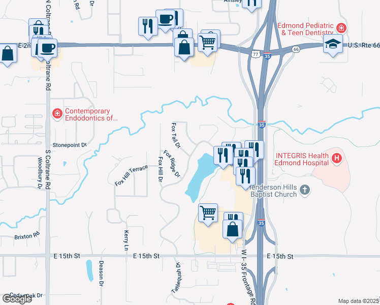 map of restaurants, bars, coffee shops, grocery stores, and more near 817 Fox Run Trail in Edmond