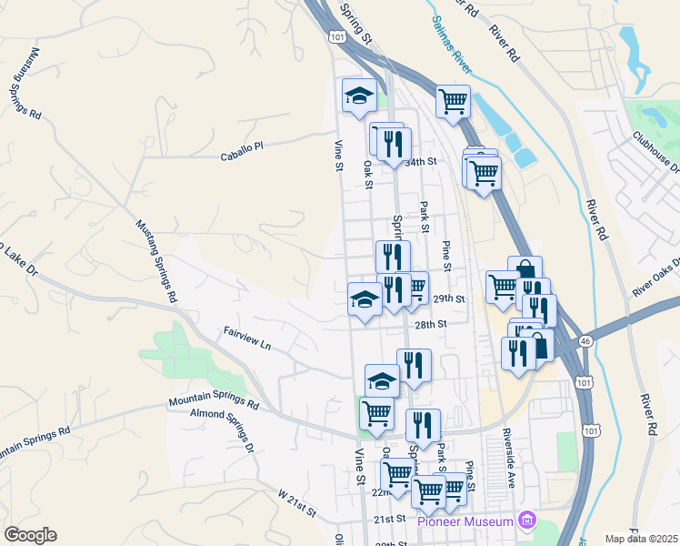 map of restaurants, bars, coffee shops, grocery stores, and more near 3005 Vine Street in Paso Robles