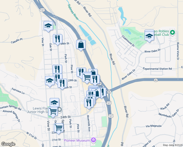 map of restaurants, bars, coffee shops, grocery stores, and more near El Camino Real in Paso Robles
