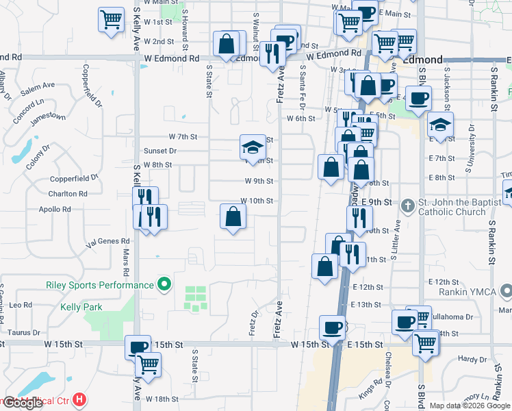 map of restaurants, bars, coffee shops, grocery stores, and more near 300 West 10th Street in Edmond