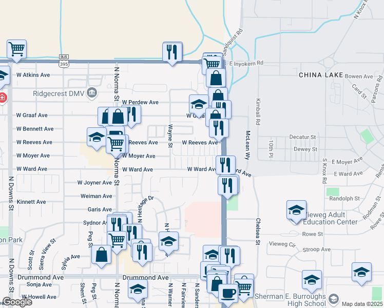 map of restaurants, bars, coffee shops, grocery stores, and more near 200 West Moyer Avenue in Ridgecrest