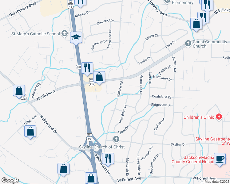 map of restaurants, bars, coffee shops, grocery stores, and more near Williamsburg Village Drive in Jackson