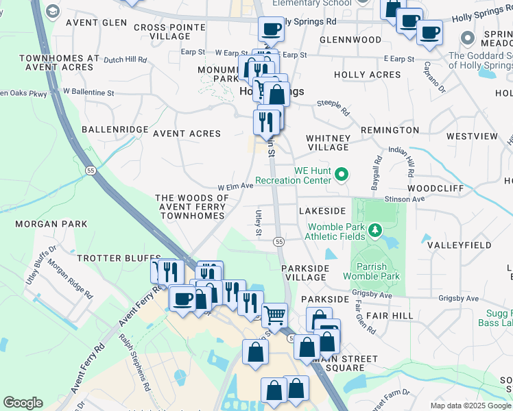 map of restaurants, bars, coffee shops, grocery stores, and more near 137 Pine Avenue in Holly Springs