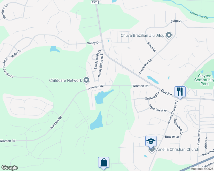 map of restaurants, bars, coffee shops, grocery stores, and more near 2189 Winston Road in Clayton