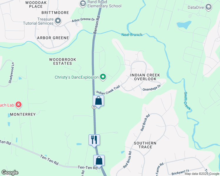 map of restaurants, bars, coffee shops, grocery stores, and more near 913 Indian Creek Trail in Garner