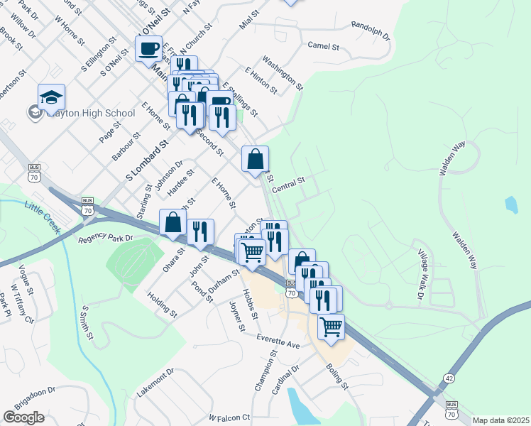 map of restaurants, bars, coffee shops, grocery stores, and more near 613 East Main Street in Clayton