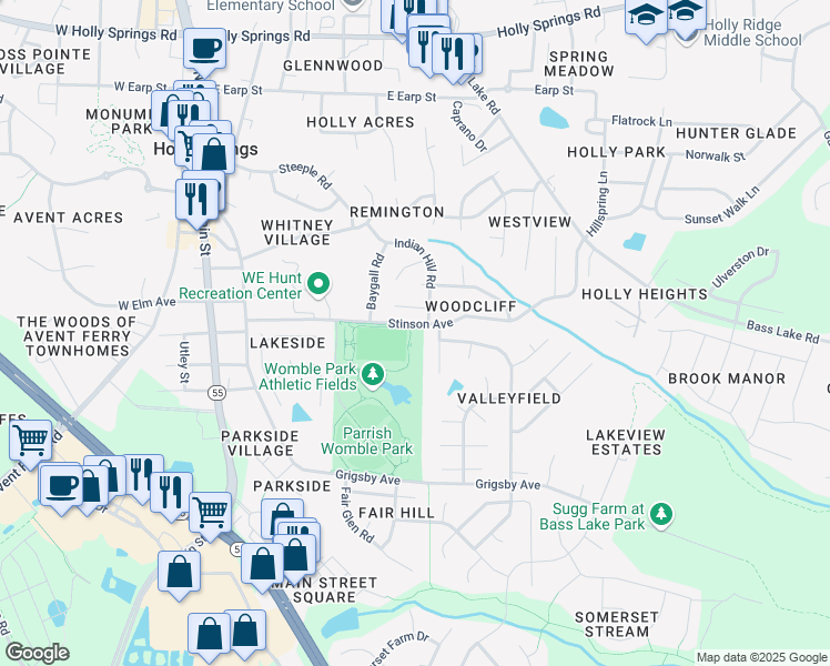 map of restaurants, bars, coffee shops, grocery stores, and more near 300 Stinson Avenue in Holly Springs