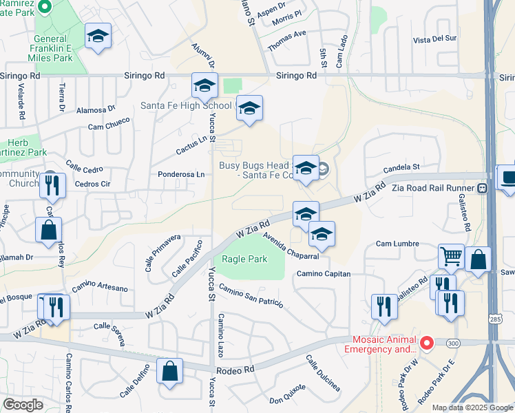 map of restaurants, bars, coffee shops, grocery stores, and more near 2501 West Zia Road in Santa Fe