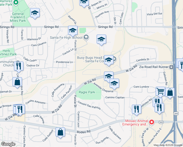 map of restaurants, bars, coffee shops, grocery stores, and more near 2501 West Zia Road in Santa Fe