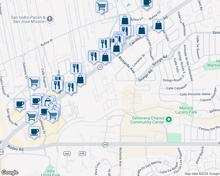 map of restaurants, bars, coffee shops, grocery stores, and more near 1504 Kachina Ridge Drive in Santa Fe