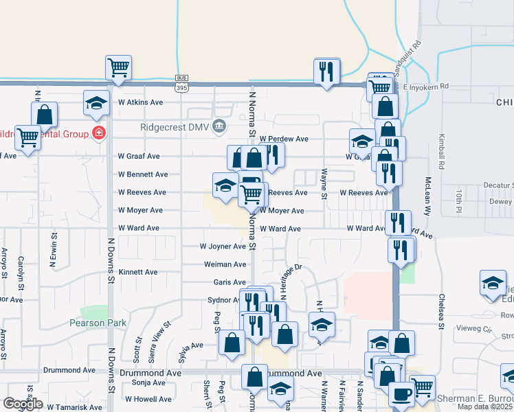 map of restaurants, bars, coffee shops, grocery stores, and more near 431 West Reeves Avenue in Ridgecrest