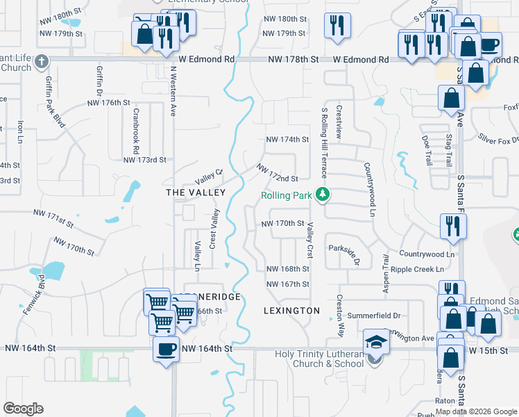 map of restaurants, bars, coffee shops, grocery stores, and more near 17131 Sunny Hollow Road in Edmond