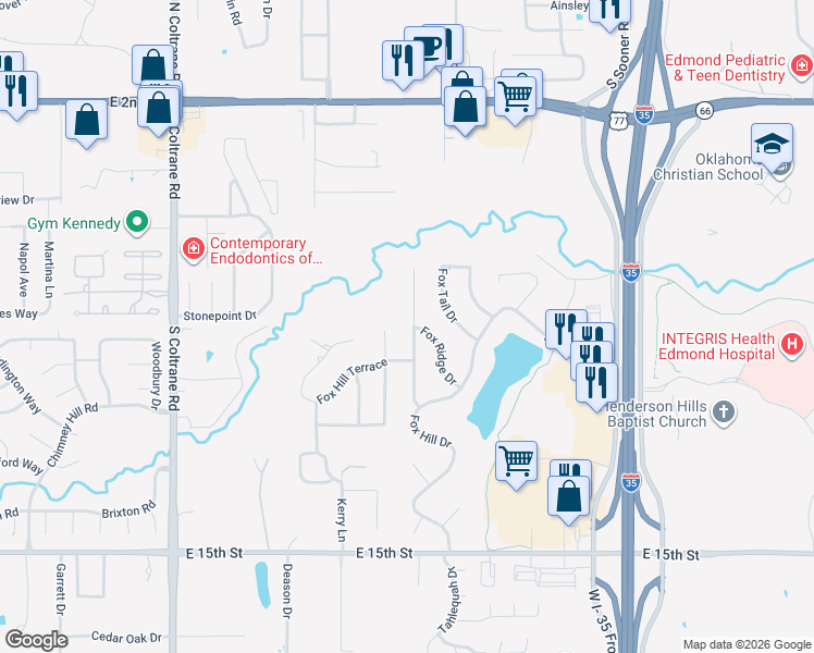 map of restaurants, bars, coffee shops, grocery stores, and more near 817 Fox Hill Drive in Edmond