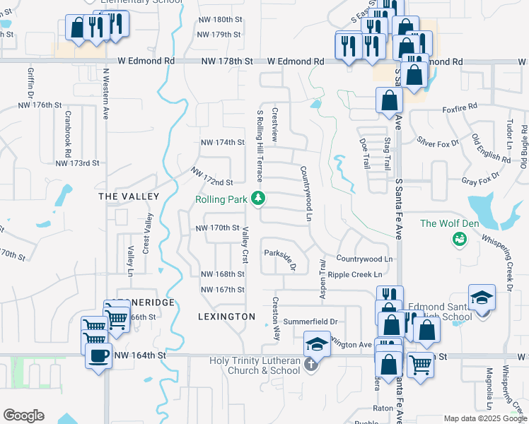 map of restaurants, bars, coffee shops, grocery stores, and more near 2908 Mustang Trail in Edmond