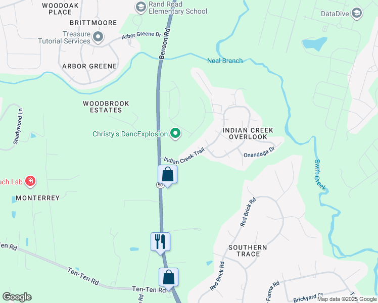 map of restaurants, bars, coffee shops, grocery stores, and more near 913 Indian Creek Trail in Garner