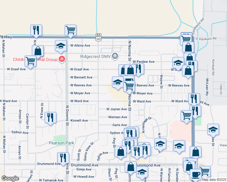 map of restaurants, bars, coffee shops, grocery stores, and more near 1301 North Norma Street in Ridgecrest