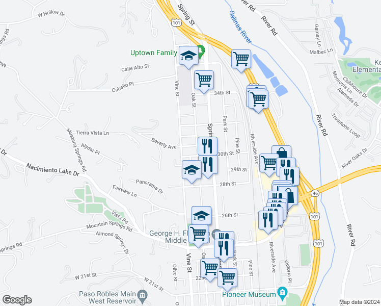 map of restaurants, bars, coffee shops, grocery stores, and more near 525 30th Street in Paso Robles