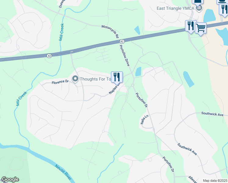 map of restaurants, bars, coffee shops, grocery stores, and more near 205 Naples Lane in Clayton