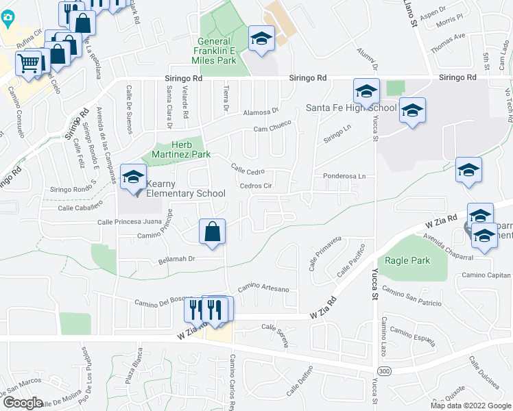 map of restaurants, bars, coffee shops, grocery stores, and more near 2210 Camino Rancho Siringo in Santa Fe