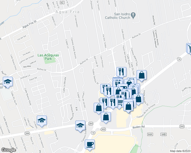 map of restaurants, bars, coffee shops, grocery stores, and more near 4505c Santa Elena Street in Santa Fe