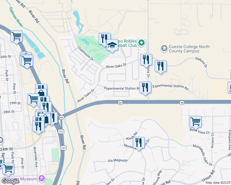 map of restaurants, bars, coffee shops, grocery stores, and more near 726 Experimental Station Road in Paso Robles
