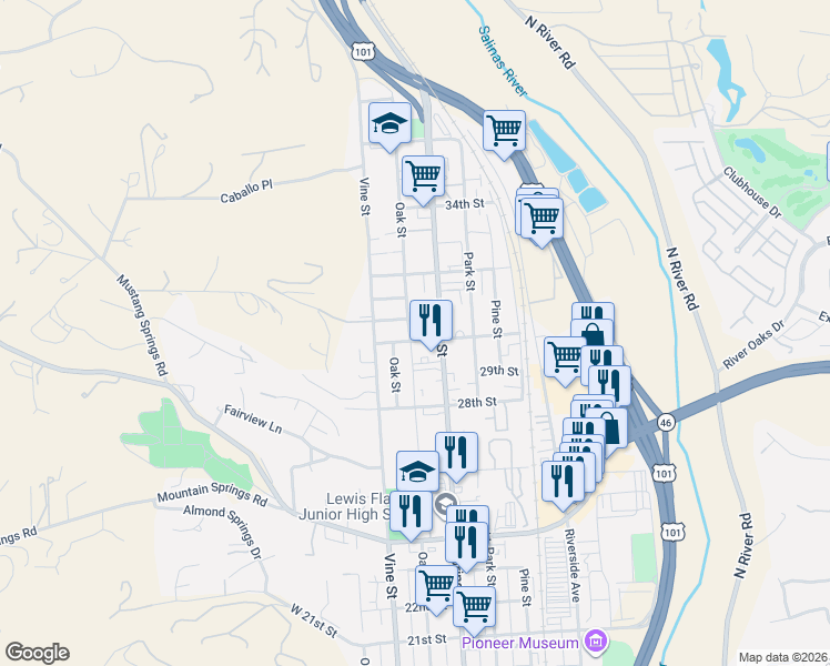 map of restaurants, bars, coffee shops, grocery stores, and more near 607 30th Street in Paso Robles