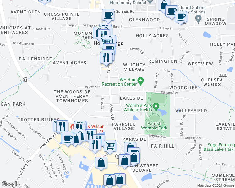 map of restaurants, bars, coffee shops, grocery stores, and more near 508 Grigsby Avenue in Holly Springs