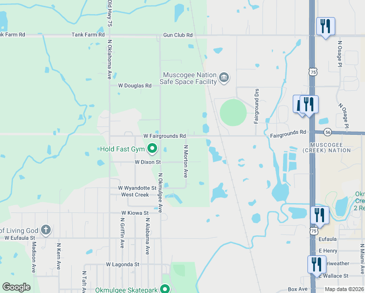 map of restaurants, bars, coffee shops, grocery stores, and more near 1825 North Morton Avenue in Okmulgee