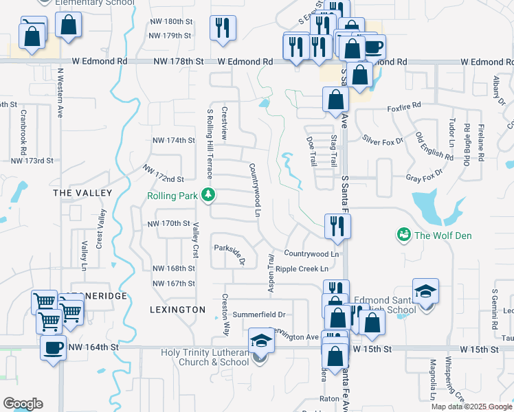 map of restaurants, bars, coffee shops, grocery stores, and more near 1015 Countrywood Lane in Edmond