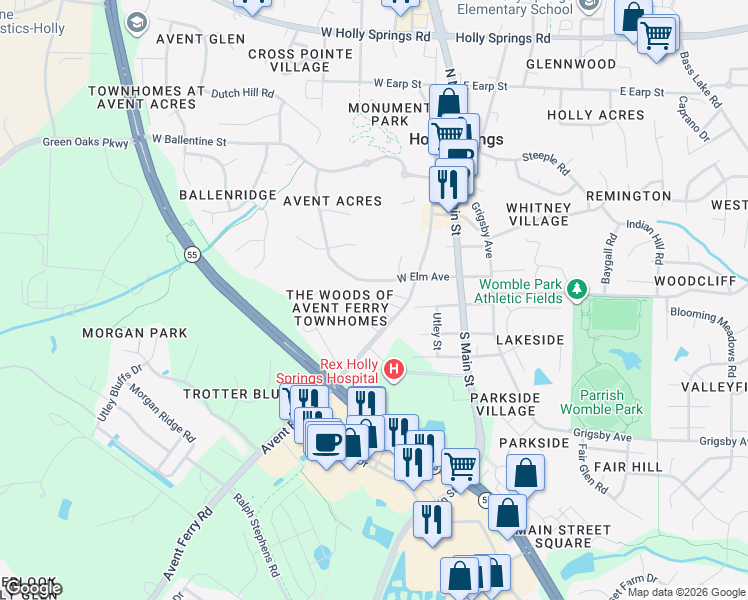 map of restaurants, bars, coffee shops, grocery stores, and more near 213 West Elm Avenue in Holly Springs