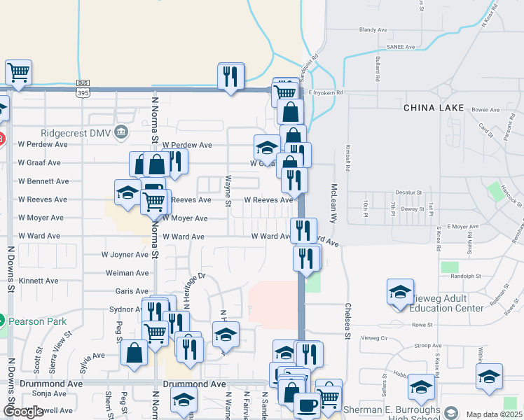 map of restaurants, bars, coffee shops, grocery stores, and more near 200 West Moyer Avenue in Ridgecrest